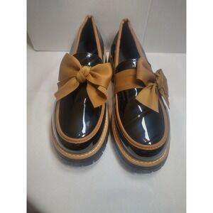 Black Patent Bow Lug Sole Loafers Tan Trim Chunky Platform Shoes Size 42